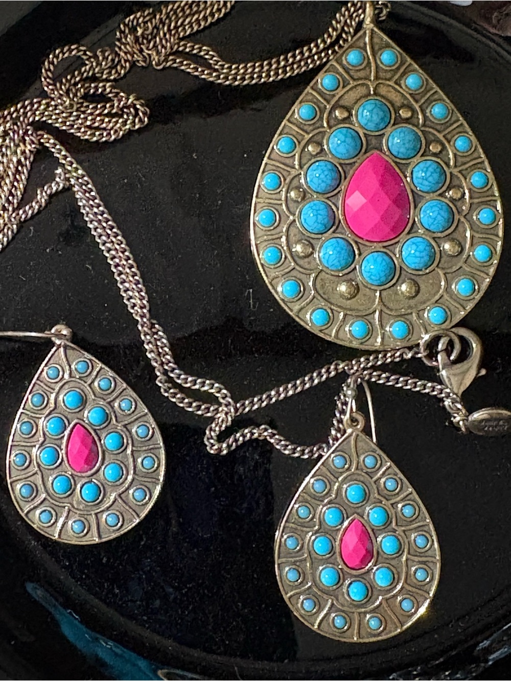 Teardrop Pendant Necklace & Earrings Set by Jade &Jasper-Pink and Turquoise